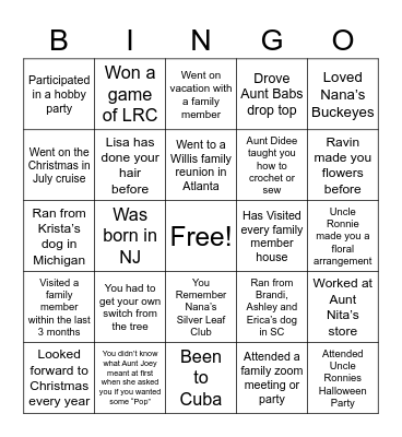 Willis Family BINGO Card