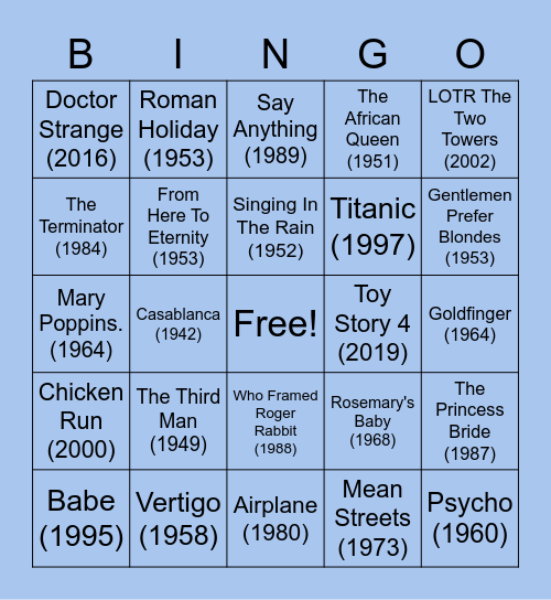 Block Buster Movies Bingo Card