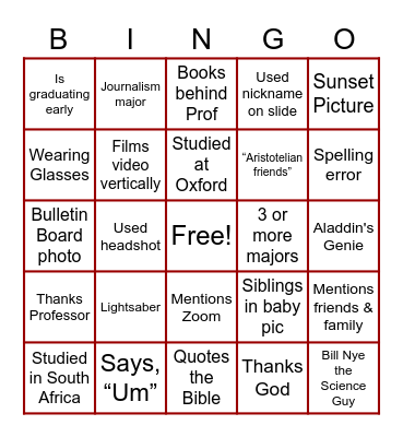 APU Honors Senior Celebration Bingo Card