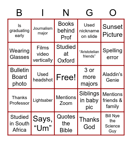 APU Honors Senior Celebration Bingo Card