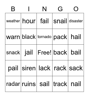 Spinning Storms , -ack & -ail family words Bingo Card