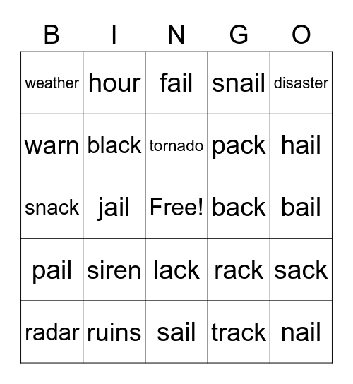 Spinning Storms , -ack & -ail family words Bingo Card