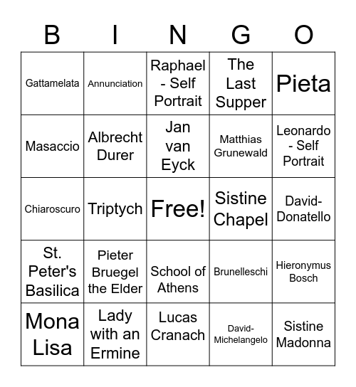 Renaissance Bingo Card