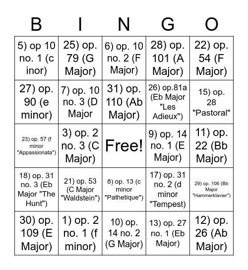 Beethoven Piano Sonatas Bingo Card
