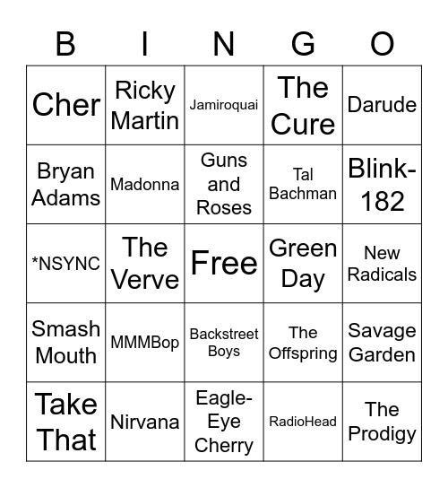 90's Hits Bingo Card