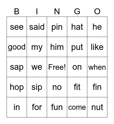 Word Bingo Card