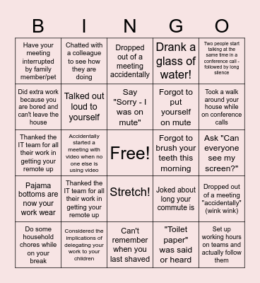 Remote Work Bingo Card