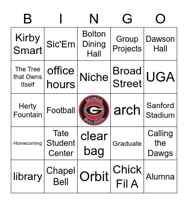 University of Georgia Bingo Card