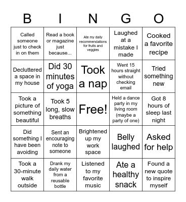 Self Care Bingo Card