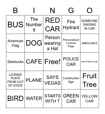 Family Car Bingo Card