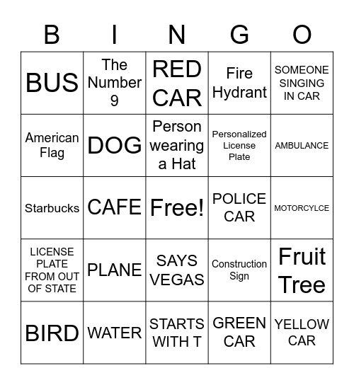 Family Car Bingo Card