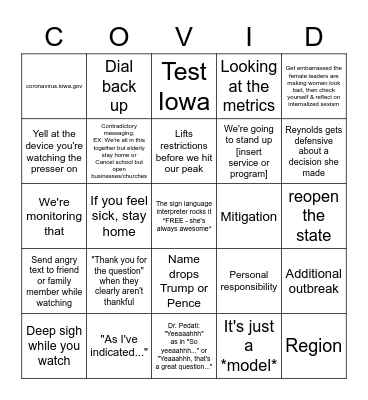 Iowa COVID Pressers Bingo Card