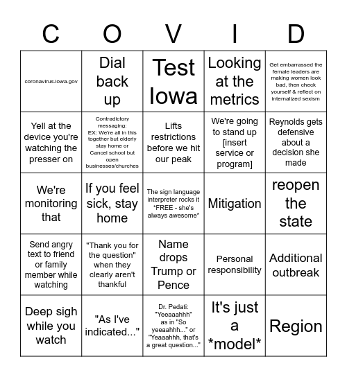 Iowa COVID Pressers Bingo Card