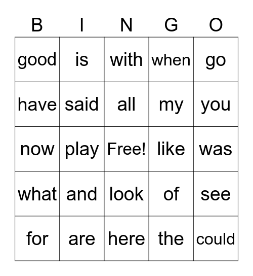 Sight Word Bingo Card