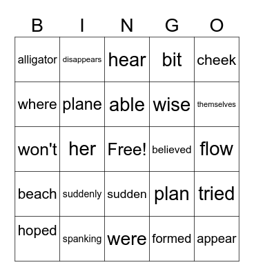 Reading Words Bingo Card