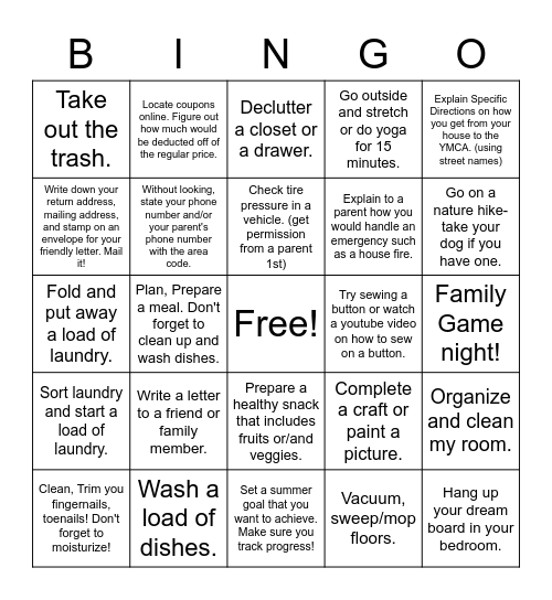 Real World/Life Skills Bingo Card