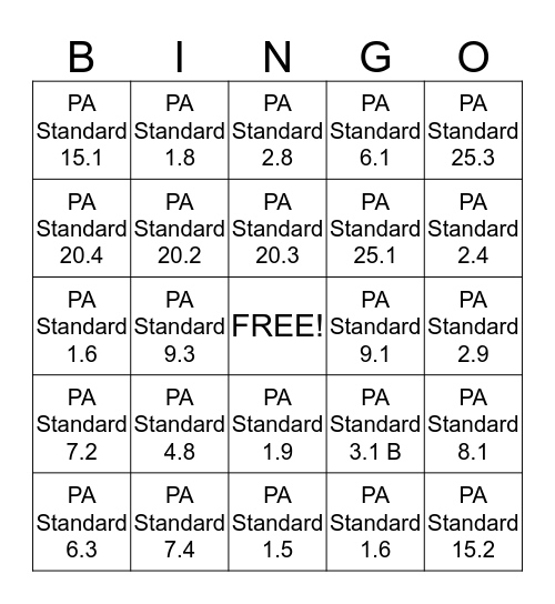 Early Childhood Education Standards Bingo Card