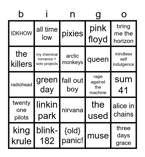 Shrugs' Cringe Music & Fail Bands Bingo Card