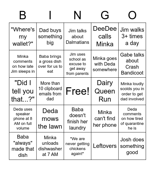 Deda and Minka Quarantine Bingo Card