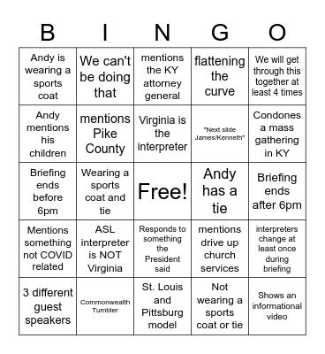 Afternoons with Andy Bingo Card