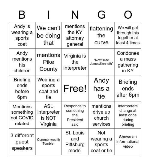 Afternoons with Andy Bingo Card