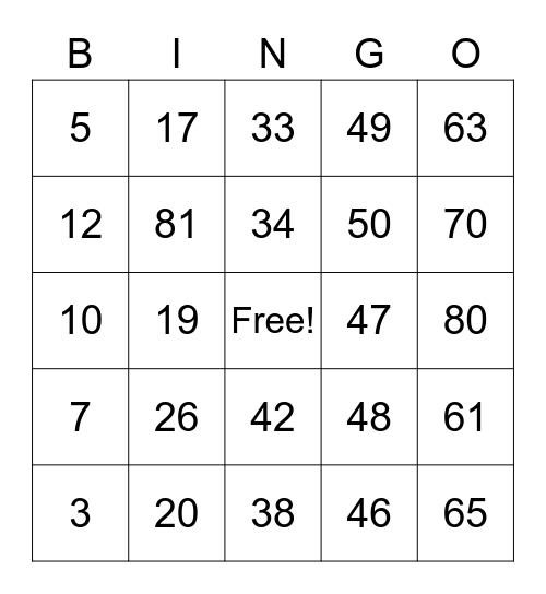 Multiplication & Division Bingo Card