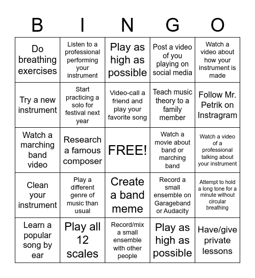 Band Bingo Card