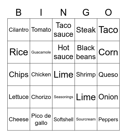 Taco 🌮 bingo Card