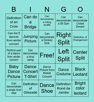 RHHS DANCE Bingo Card