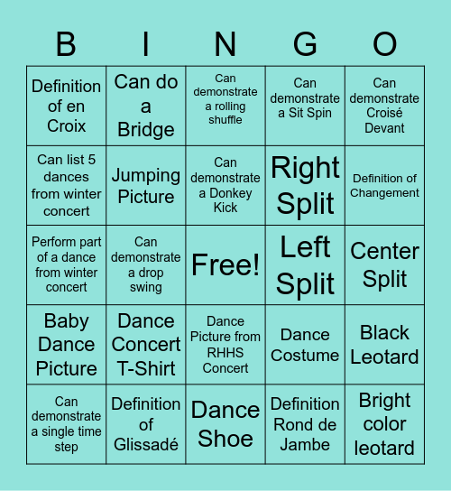 RHHS DANCE Bingo Card