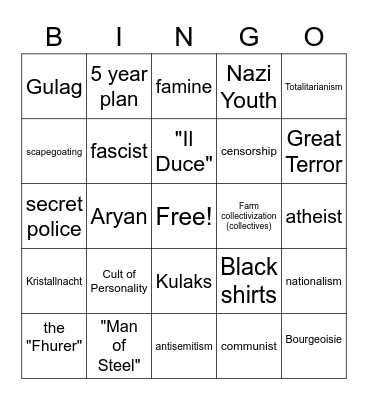 Totalitarian Dictatorships Bingo Card