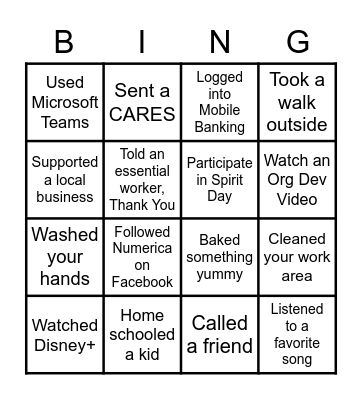 Numerica BINGO Card