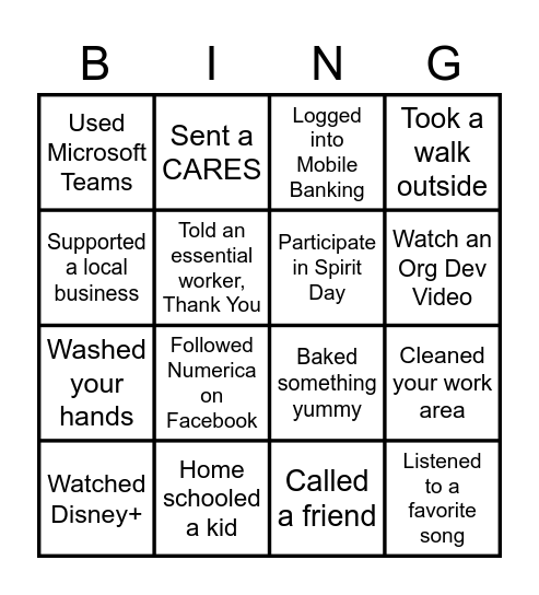 Numerica BINGO Card