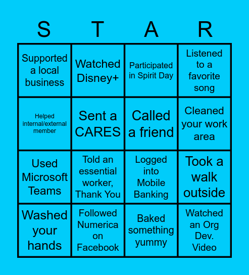 Numerica Spirit Day BINGO Card