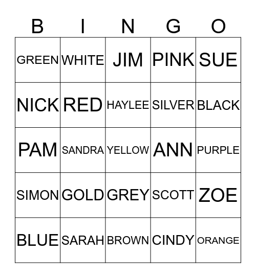 3-7 LETTERS NAMES AND COLOURS Bingo Card