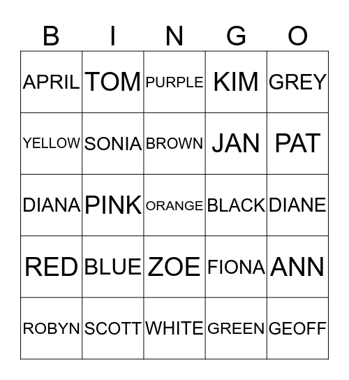 3 - 7 LETTERS NAMES AND COLOURS Bingo Card