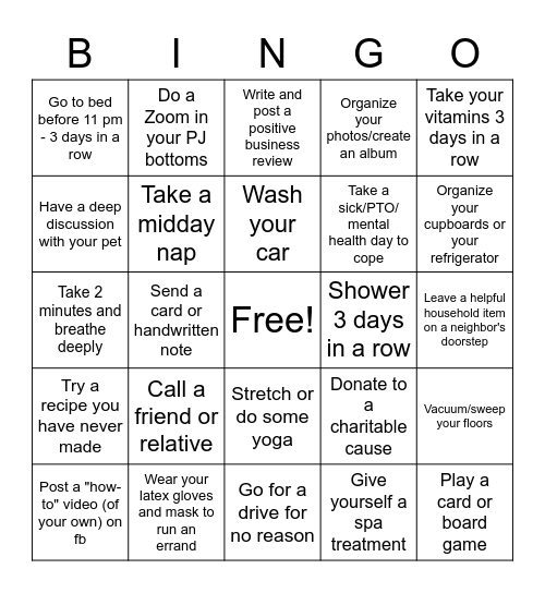 Quarantine Bingo Card