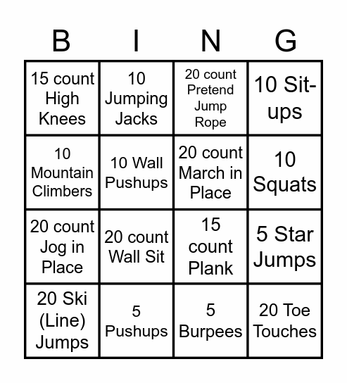Exercise Wheel Bingo Card