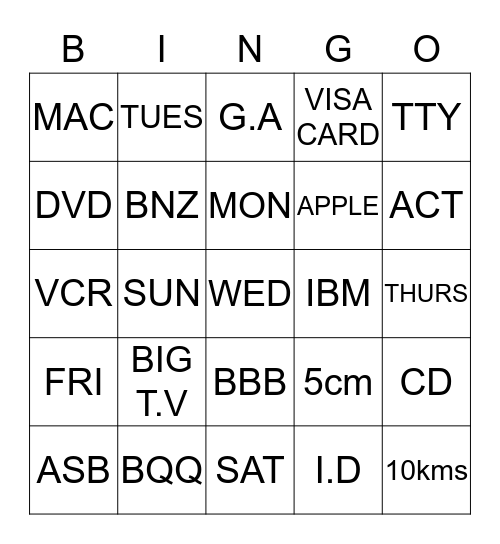 COMMON, ABBREV FINGERSPELLED WORDS Bingo Card