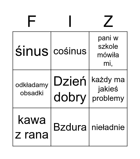 Bingo Fizyczne Bingo Card