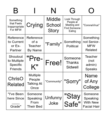 CLASS OF 2020 SIDWELL Bingo Card