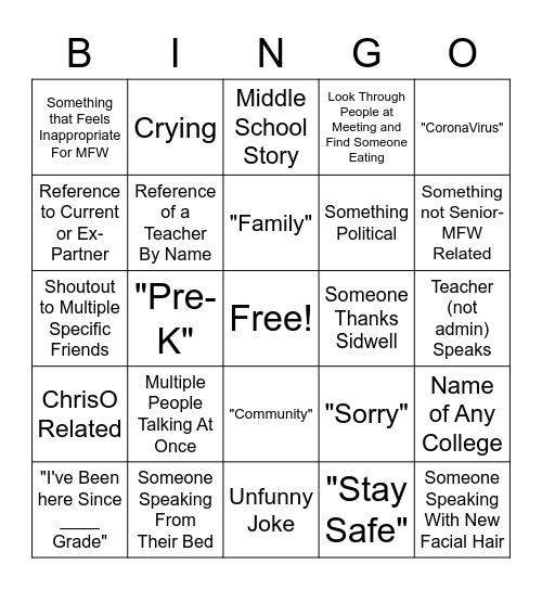 CLASS OF 2020 SIDWELL Bingo Card
