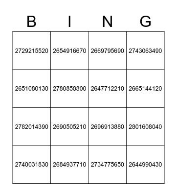 test Bingo Card