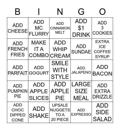 PEAK HOUR BINGO LUNCH/DINNER Bingo Card