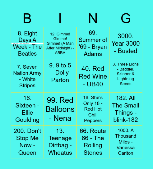 MUSICAL NUMBERS BINGO Card