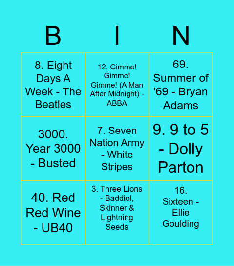 MUSICAL NUMBERS BINGO Card