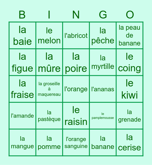 Fruits  Bingo Card