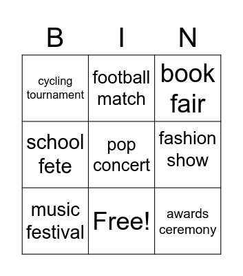 special events Bingo Card