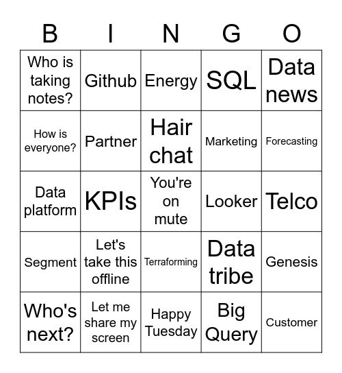 Data Tribe Tuesday Meetings Bingo Card