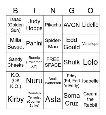Favorite Character Bingo Card